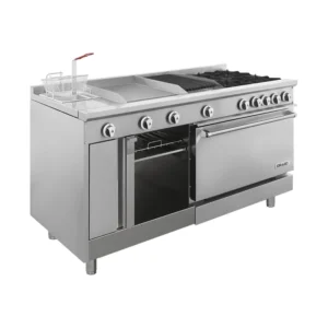 Estufa con 4 Quemadores, Horno, Asador de 1 pie, Plancha de 2 pies, Freidor y Gratinador
