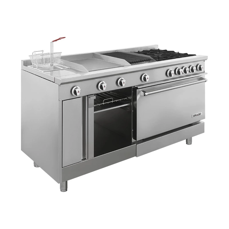 Estufa con 4 Quemadores, Horno, Asador de 1 pie, Plancha de 2 pies, Freidor y Gratinador