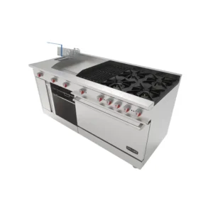 Estufa con 4 Quemadores, Horno, Asador de 1 pie, Plancha de 2 pies, Freidor y Gratinador