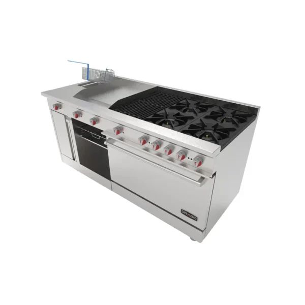 Estufa con 4 Quemadores, Horno, Asador de 1 pie, Plancha de 2 pies, Freidor y Gratinador